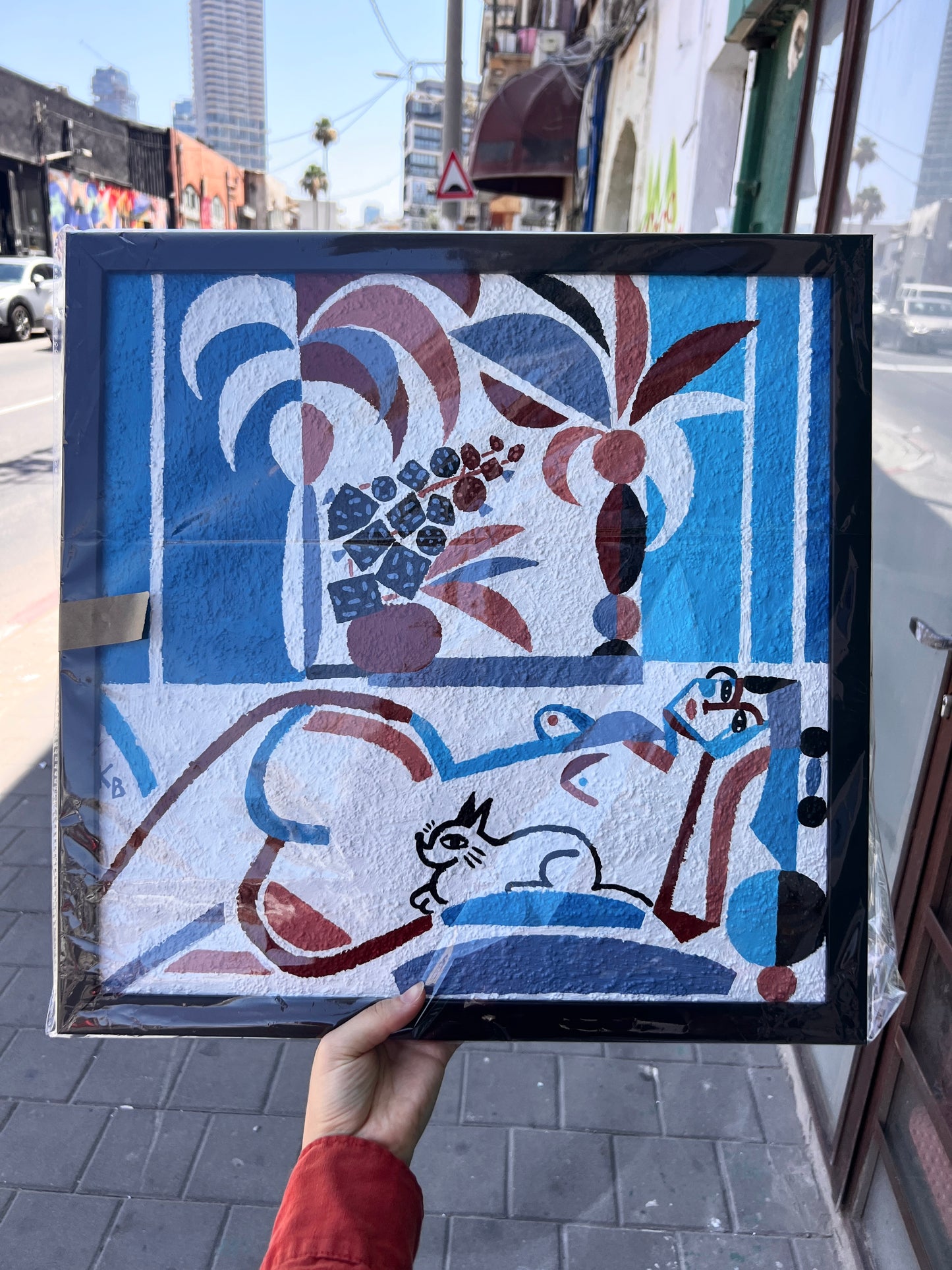 Lady, palms and cat